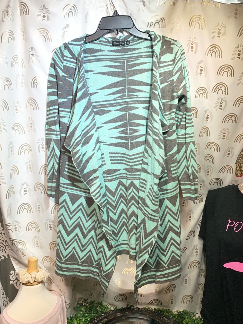 Brittany Black Aztec Open-Front Tunic Cardigan - Mint Green & Gray